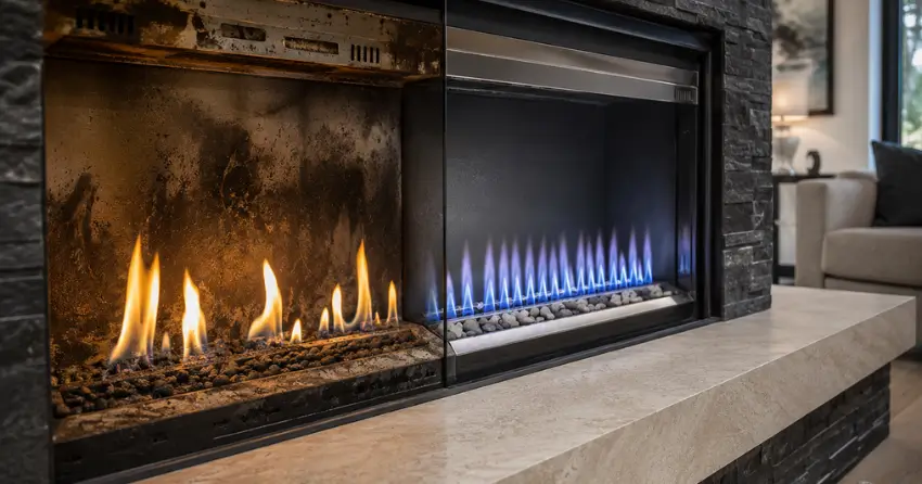 before and after Emergency Gas Fireplace Repair showing clean burning flame Winnipeg