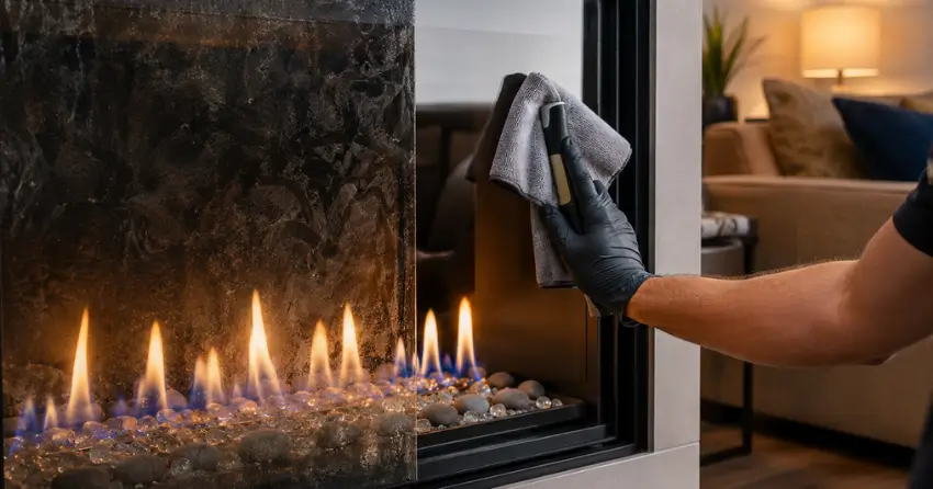 before and after gas fireplace glass cleaning service Winnipeg
