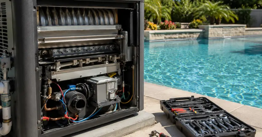 gas pool heater service near me pool heater unit beside pool in Winnipeg