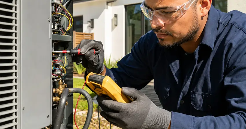 HVAC technician using diagnostic tools on air conditioner compressor