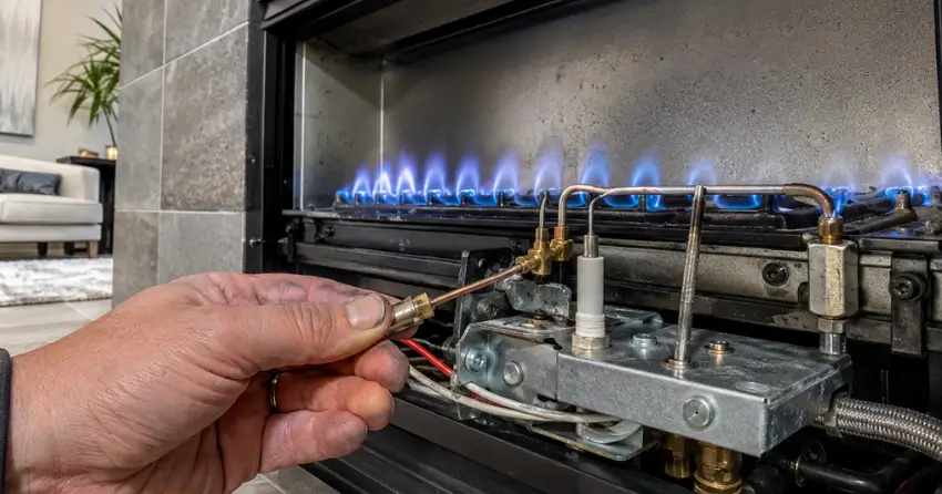 Gas fireplace pilot assembly and thermocouple during natural gas fireplace repair in Winnipeg home