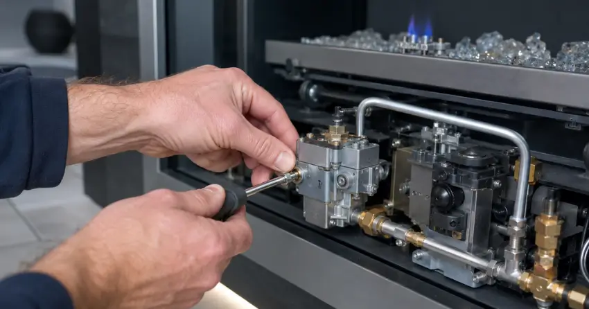 Gas valve assembly inspection during natural gas fireplace repairs in Winnipeg home