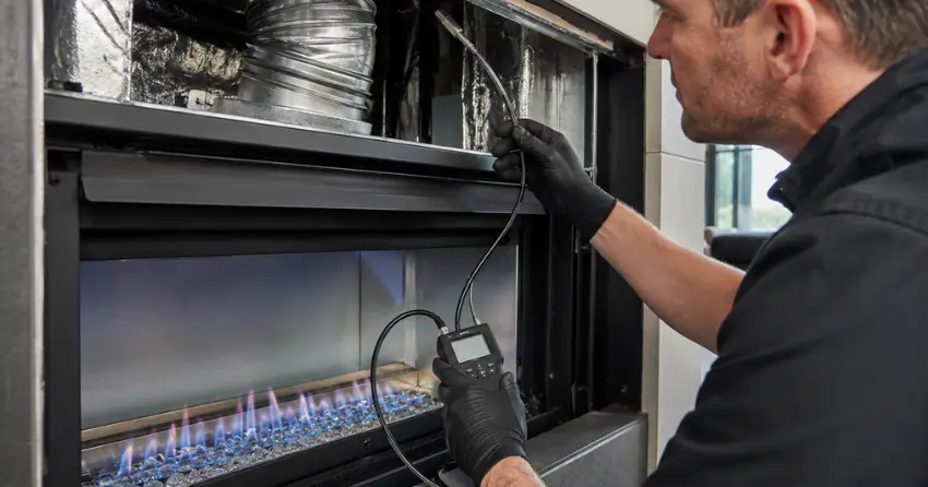 Technician inspecting venting and draft during natural gas fireplace repairs in Winnipeg property