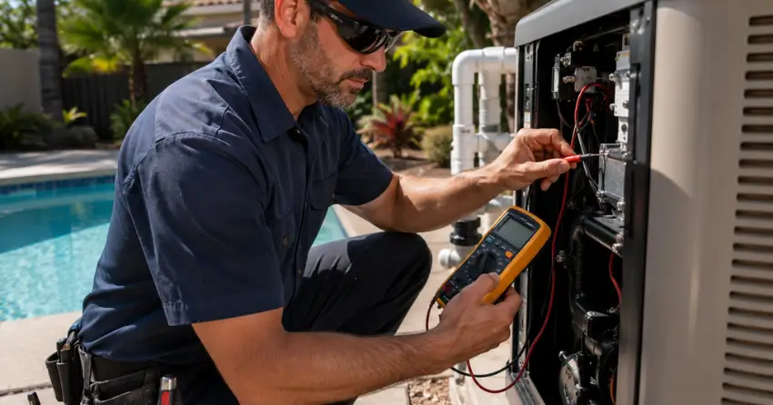 pool heater technician completing service check Winnipeg