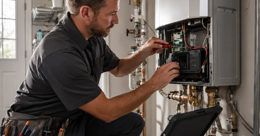 Ontario Gas Services technician diagnosing tankless repair in Winnipeg